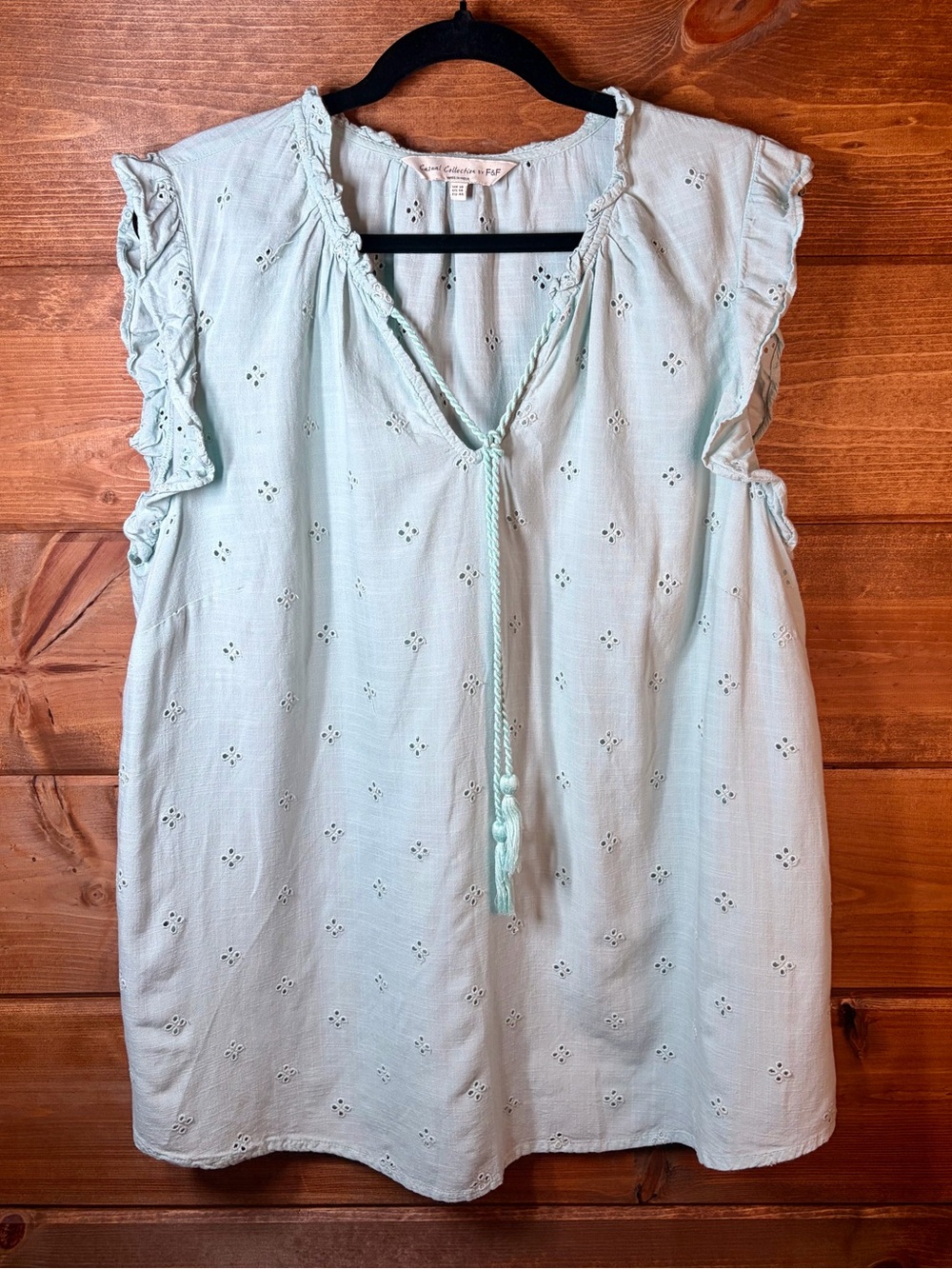 F&F Mint Green Boho Eyelet Tie-Front Ruffle Sleeve Tank Top Size 18 XL ππΈ